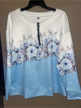 Women’s Pretty Floral Ombre 1/4 Zip-Front Women's Top - Blue/White Sz L